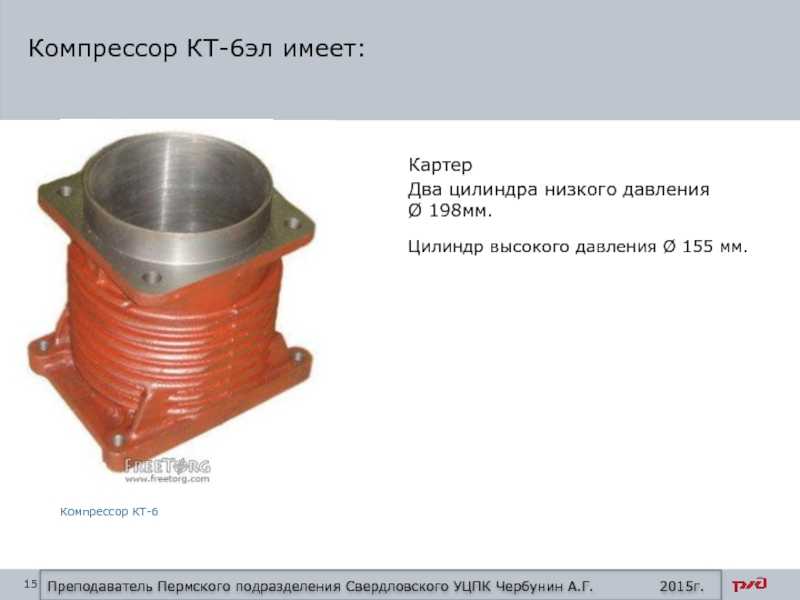 УСТРОЙСТВО КОМПРЕССОРА КТ- 6 Компрессор КТ6 трехцилиндровый, вертикальный, двухступенчатый с промежуточным воздушным охлаждением, относится к группе