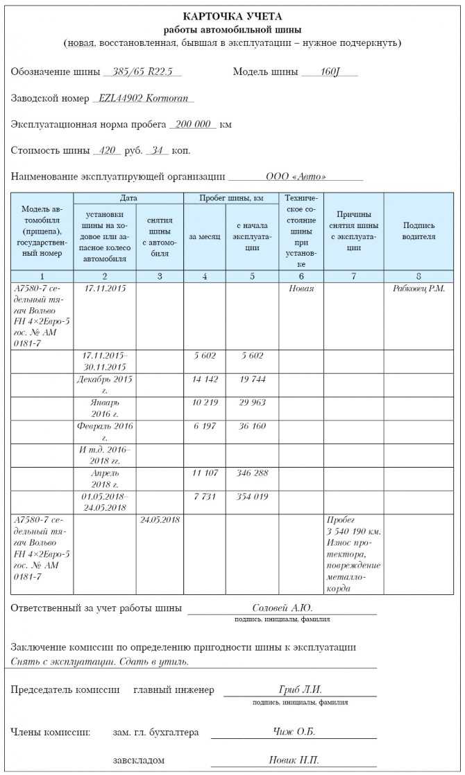 Карточка учета работы автомобильной шины 2023 года | 100 юристов